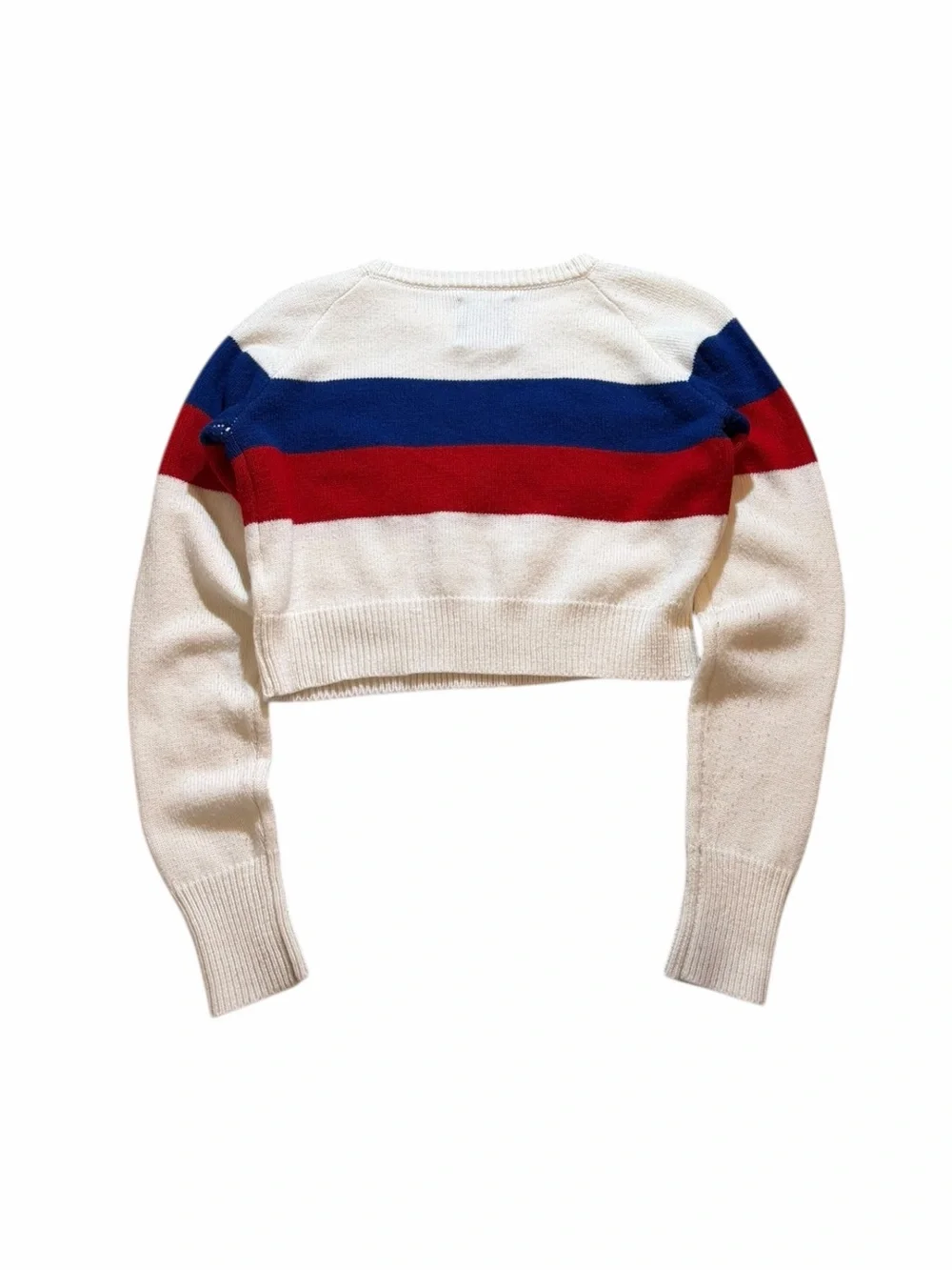 UNIF Womens Small Let's Not Varsity Cropped Sweater Red White Blue Acedemia